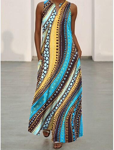 Dames Maxi-Jurk A-lijn Jurk Casual Dagelijks Losse Fit Geometrisch Mouwloos Ingekleurde Hals Blauw Zomer