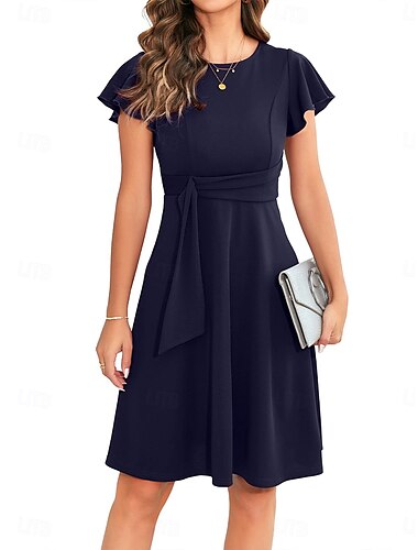  Damen Midikleid A Linie Kleid Elegant Vintage Normale Passform Einfarbig Kurzarm Rundhalsausschnitt Rote Dunkelgrün Dunkelblau Sommer Frühling