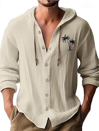  Homme Chemise en coton blanc Chemise Aloha minimaliste Chemise Décontractée Chemise Boutonnée Chemise en coton Cocotier Vacances Rue Noir Blanche Bleu Kaki manche longue À capuche Printemps & Été