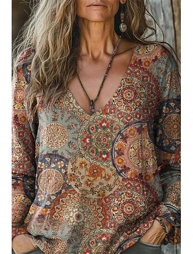  Damen Leinen-inspirierte Hemden T Shirt Blumen Mode Lässig Langarm V Ausschnitt Normale Oberteile Täglich Ausgehen Druck Rote Orange Braun Grün Sommer