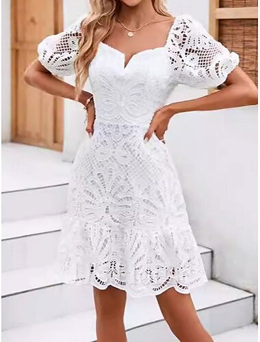  Women's Mini Dress A Line Dress Summer Dress Eyelet Dress Vacation Casual Daily Regular Fit Graphic Short Sleeve V Neck White Summer