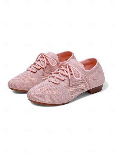  Zapatos de baile de mujer de punto rosa con cordones y tacón bajo: zapatos cómodos para uso casual y de salón.
