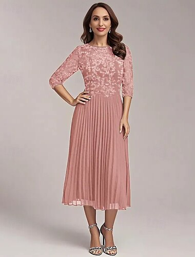  Vestido A-Line para Mãe da Noiva Elegante Simples Casual Decote Redondo Comprimento Total Chiffon Manga Curta com Apliques de Renda Floral Pregas de Sereia Primavera Verão Vestido Midi 2025