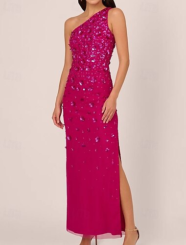  Etui-/Säulenkleid mit Perlenbesatz, Promi-Stil, formelles Hochzeitsgastkleid, bodenlang, ärmellos, eine Schulter, Chiffon, mit Blumen, Perlenbesatz, Pailletten, Schlitz 2025