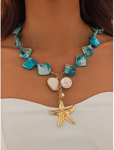  boho strand zeester ketting – handgemaakte blauwe steen & schelp hanger sieraden voor vrouwen, oceaan-geïnspireerde statement ketting voor zomer, vakanties & resort kleding