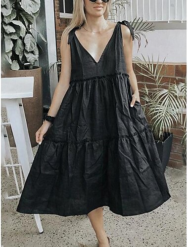  Női Midi ruha Fehér ruha hétköznapi ruha Nyári ruha Elegáns Modern Napi Nyári ruha Laza öltözet Sima Tiszta szín Ujjatlan Mély-V Fűzős nyak Fekete Fehér Rubin Nyár