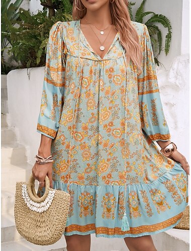  Mujer Mini vestido Vestido de verano Casual Boho Diario Holgado Floral Graphic Manga 3/4 Escote en Pico Rosa Azul Piscina Albaricoque Verano
