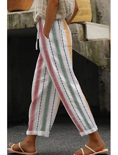  Dam Byxor av linne i bomull Byxor Streetwear Ledigt Fullängd Naturlig Blommig Slät Randig Ficka Tryck Elastisk dragsko-design Bekväm Utomhus Dagliga kläder Utekväll Magenta Röd valnöt Vit Gul Sommar