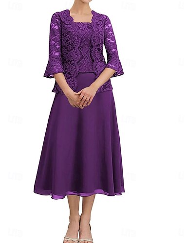  Kleid-Sets Brautmutterkleid Elegant Einfach Rundausschnitt Tee-Länge Chiffon Polyester Spitze Langarm mit Spitze Einfarbig 2025