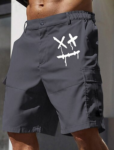  Herren Cargo-Shorts Arbeitsshorts Elastischer Bund Mehrere Taschen Lustig Lächelndes Gesicht Knielang Sport im Freien Lässig Campen und Wandern Klassisch Shorts Schwarz Armeegrün Mikroelastisch
