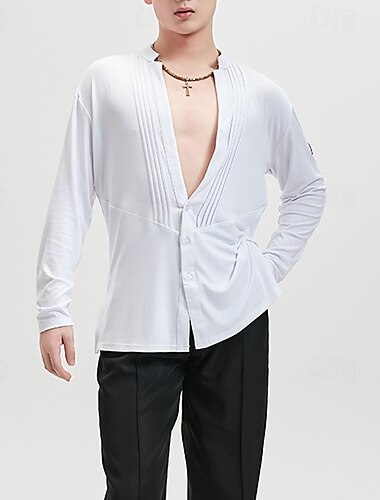  Latin Dance Top Pure Color Men's Performance Daily Wear Long Sleeve Tencel