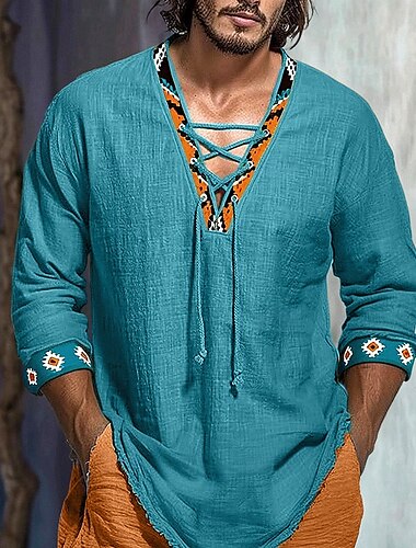  ouku Herren Hemd Leinenhemd Sommerhemd Strandhemd einfarbig Urlaub lässig schwarz weiß grün Langarm V-Ausschnitt Kleidung Bekleidung Kordelzug