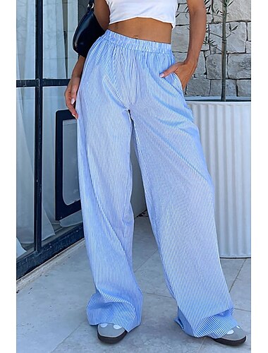  Damen Weites Bein Stoffhosen Mode Streetwear Volle Länge Natürliche Taille Gestreift Tasche Elastischer Bund Bequem Straße Ausgehen Rosa Blau Sommer Normale Passform