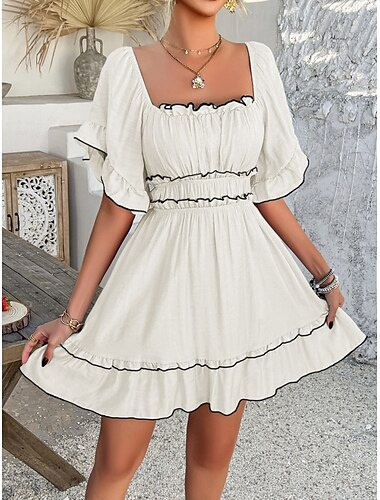  Femmes Mini Robe Robe trapèze Robe de laitière Robe à épaules dénudées Occasionnel Extérieur Quotidien Plage Coupe régulière Graphique Manche Courte Col carré Noir Bleu Vert Beige Été