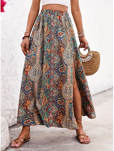  Dames Rok A-lijn Schommel Casual Boho Maxi Hoge taille Rokken Grafisch Paisley Afdrukken Gespleten punten Vakantie Feestdagen Blauw Paars Zomer Polyester