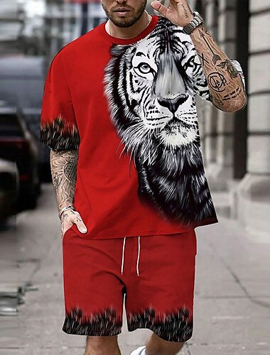  Herren Tiger 2St T-Shirts-Sets Sommeroberteile Kurzarm Kurze Hosen Rundhalsausschnitt Sport Lässig Outdoor Urlaub Sport 3D-Druck Sommer Grau Dunkel Blau Rot