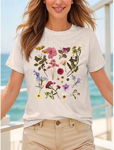  女性用 Tシャツ コットンシャツ フラワー グラフィック カジュアル 半袖 ラウンドネック レギュラートップス 日常 プリント ピンク オフホワイト ライトブルー 夏