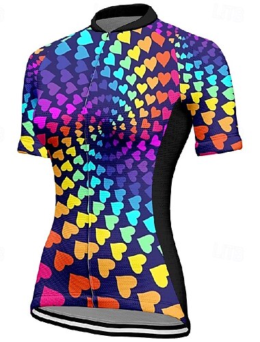  Damen Radtrikot Kurzarm Fahhrad T-Shirt Trikot mit 3 Gesäßtaschen Mountainbike MTB Atmungsaktiv Schnelltrocknend Anatomisches Design Feuchtigkeitsableitend Blau Purpur Herz Farbverlauf Sport