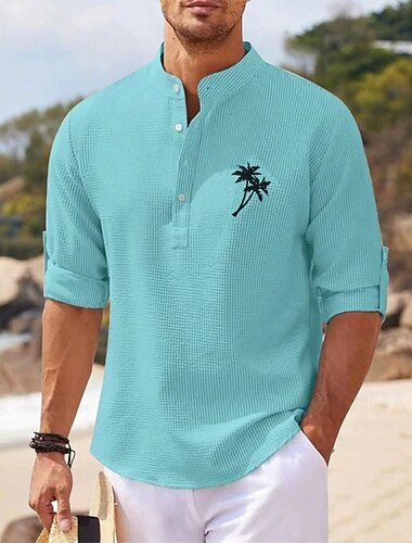  Herren Minimalistisches Aloha-Shirt Popover-Hemd Sommerhemd Freizeithemd Strandhemd Waffelstrickhemd Schwarz Weiß Blau Himmelblau Dunkelgray Langarm Kokospalme Klassisch Stehkragen Henley Urlaub