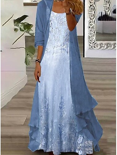  Dames Jurk Set Maxi Jurk A-lijn Jurk Zomer Jurk Vakantie Boho Ombre Bloemig Print 3/4 Lengte Mouwen Crew Neck Buiten Dagelijks Blauw Zomer Lente Losse Fit