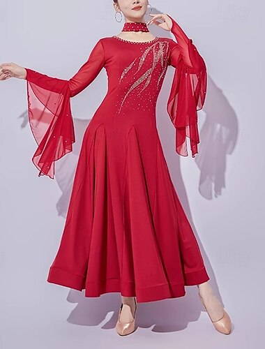  Gesellschaftstanz Kleid Kristall / Strass Spleißen Damen Leistung Training Langarm Netzstoff Milchfaser