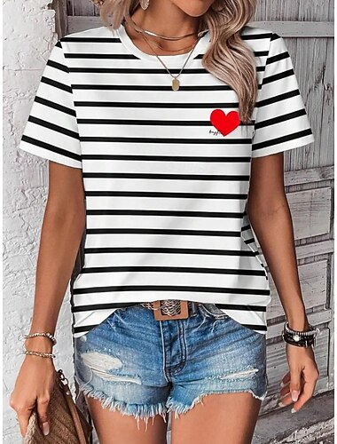 Dames T-shirt Gestreept Casual Korte mouw Ronde hals Normale tops Dagelijks Uitgaan Weekend Afdrukken Wit Zomer