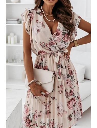  Femme Mini robe Robe à fleurs Robe imprimée Mode Extérieur Vacances Sortie Standard Fleur Manche Courte Col V Noir Rose Claire Abricot Eté