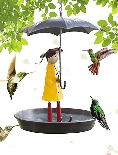  mangeoire à oiseaux suspendue en fer pour l'extérieur, mangeoire à oiseaux pour fille parapluie, mangeoire à oiseaux pour patio de jardin, ornement artisanal en métal pour décoration extérieure