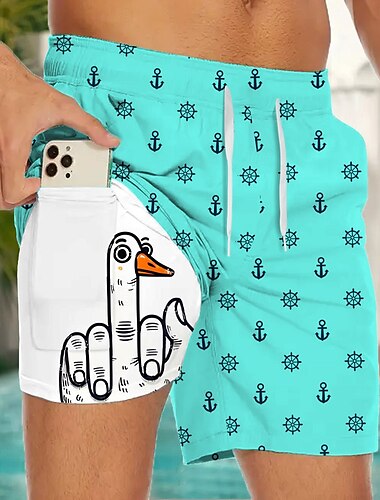  Herren Anker Lustig Ente Gefütterte Shorts 2 in 1 Badeshorts Badeshorts Mittlere Taille Hawaiianisch Urlaub Strandbekleidung Seitentaschen Mit Kompressionsfutter Elastischer Kordelzug in der Taille