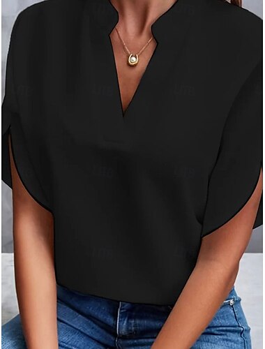  Damen Hemd Einfarbig Stylisch Modern Lässig Kurzarm V-Ausschnitt Reguläre Oberteile Arbeit Alltagsferien Patchwork Schwarz Weiß Pink Blau Sommer Frühling