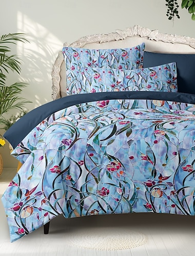  Floral Bettbezugset 100% Baumwolle Weiche und atmungsaktive Bettwäsche mit Buntglasblumen Leichter und langlebiger Bettbezug Komfortabel für alle Jahreszeiten Pflegeleicht
