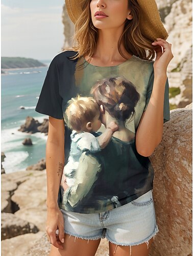  母の日 女性用 Tシャツ お母さん グラフィック スタイリッシュ カジュアル 半袖 ラウンドネック レギュラートップス 日常 週末 プリント セージグリーン 夏 春