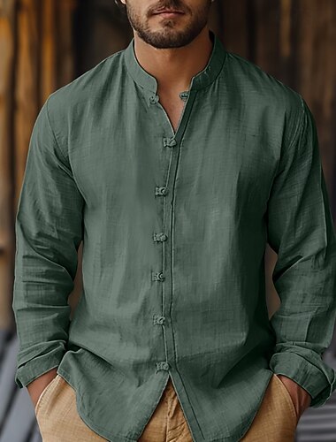  Homme Chemise Chemise en lin Chemise d'été Couleur Unie Rue Tenue quotidienne Blanche bleu marine Vert Beige manche longue Vêtement Tenue