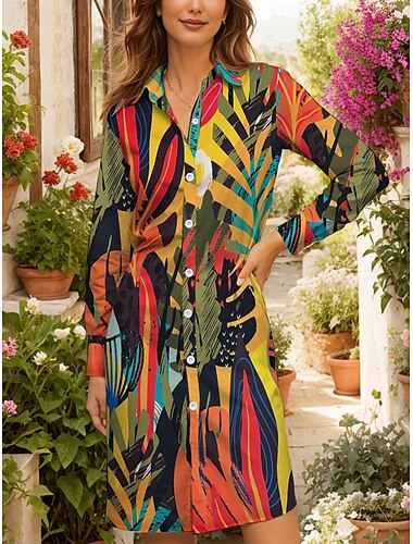 Damen Midikleid T-Shirt-Kleid Lässig Date Lässiger Schnitt Grafik Blatt Langarm Hemdkragen Gelb Herbst Winter