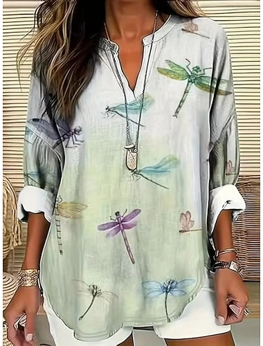  Dames Blouse Grafisch Dier Vintage Tropisch Hawaïaans Lange Mouwen V-hals Reguliere Tops Dagelijks Vakantie Strandkleding Print Beige Zomer Lente