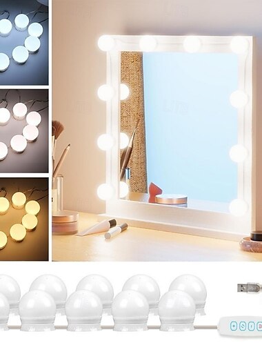  Φωτάκια led string για καθρέφτη Φωτάκια νεσεσέρ στυλ hollywood με 10 λάμπες 20 λαμπτήρες usb 3 χρωματικές λειτουργίες ρυθμιζόμενο επιτραπέζιο φωτιστικό μακιγιάζ για γκαρνταρόμπα μπάνιου
