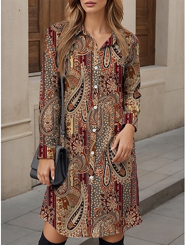  Damen Midikleid T-Shirt-Kleid Lässig Date Lässiger Schnitt Grafik Geometrisch Paisley-Muster Langarm Hemdkragen Wein Herbst Winter