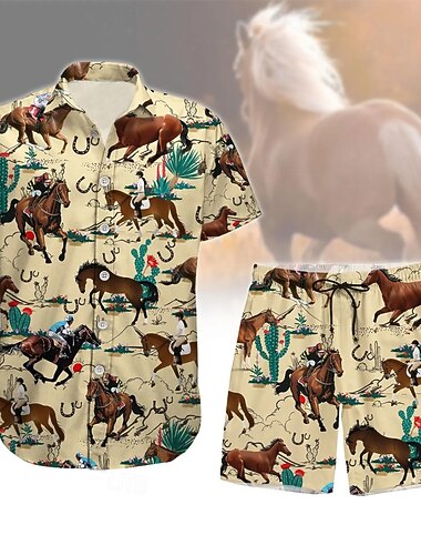  Homme Cheval 2 pièces Ensembles de chemises Hauts d'été Manche Courte Pantalon court Col Rabattu Occasionnel Extérieur Occasionnel Quotidien Impression 3D Été Marron