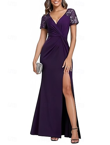  Robe de invité de mariage Sirène  Trompette Élégante Longue Robe de Mariage à Épaules Courtes et Découpe en V avec Dentelle et Fente Froncée