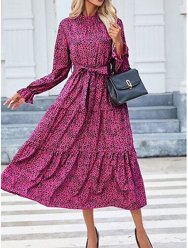  Dames Midi Jurk A-lijn Jurk Fit En Flare Jurk Stijlvol Casual Uitlopende Mouw Vakantie Casual Dagelijks Regular Fit Graphic Lange Mouw Staande Kraag Magenta Zomer Lente Herfst