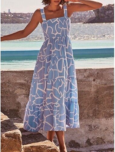  Damen Midikleid Corsagenkleider A Linie Kleid skims dress Urlaub Urlaub Täglich Strand Regular Fit Graphic Ärmellos Gurt Gelb Himmelblau Sommer