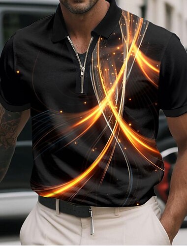  Herren Geometrisch Linie Poloshirts mit Reißverschluss Kurzarm Polo-Shirts Hemden mit Kragen Business-Casual Geschäft Athleisure Büro-Outfit Alltagskleidung 3D-Druck Sommer Purpur Orange Grün