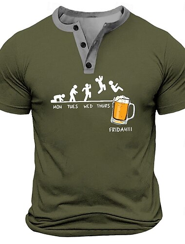  Herren Lustig Bier FRIDAY T Shirt Henley Hemd Kurzarm Designer Retro Vintage Straße Lässig Täglich Sommer Frühling Schwarz Weiß Marineblau Militßrgrün Henley Henley T-Shirt