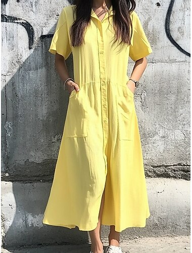  Per donna Abito maxi Abito Camicia Carino Casual Vestibilità comoda Tinta unica Manica Corta Colletto a Camicia Giallo Azzurro cielo Verde scuro Arancione Estate Primavera Autunno