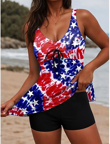  Onafhankelijkheidsdag Vrouwen Badmode Patriottisch Vierde Juli Tankini 2-delige Boyleg Badmode Rugloos Buikcontrole Hoge Taille Slanke Vakantie Strandmode Vlag U-hals Mouwloos Badhulpmiddelen