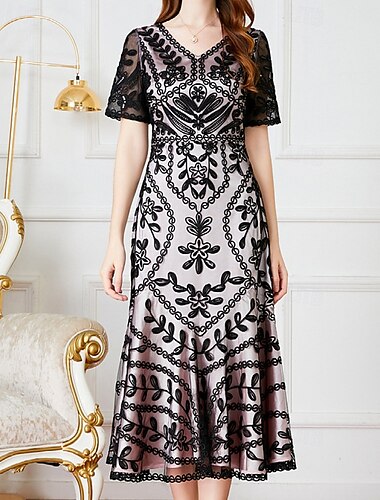  A-Linie Kleid Brautmutterkleid Elegant Vintage Feier V-Ausschnitt Tee-Länge Schnürspitze Kurzarm mit Spitze Pailletten Midi-Kleid 2025