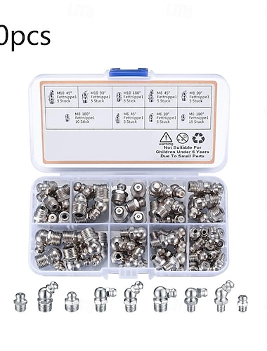  ערכת התאמת פטמת שומן מטרי פרימיום 60 חלקים - מבחר שלם של גדלים m6 m8 m10 עם 180 45 90 זוויות לשימון אקדח שומן יעיל - קונסטרוקציית מתכת עמידה מלוטשת