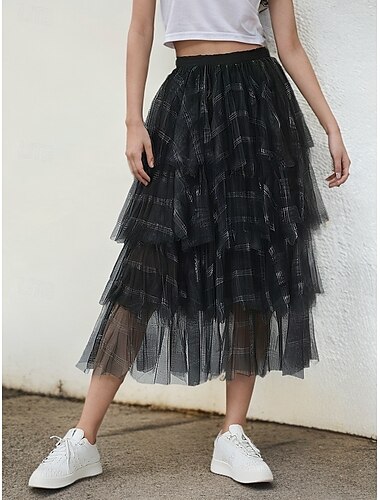  Femmes Taille Asiatique Jupe à carreaux Jupes en gaze Mode Mignon Midi Taille haute Jupes À carreaux Plissé Patchwork Superposé Micro-Élastique Fête Décontracté Quotidien Noir Bleu Kaki Printemps