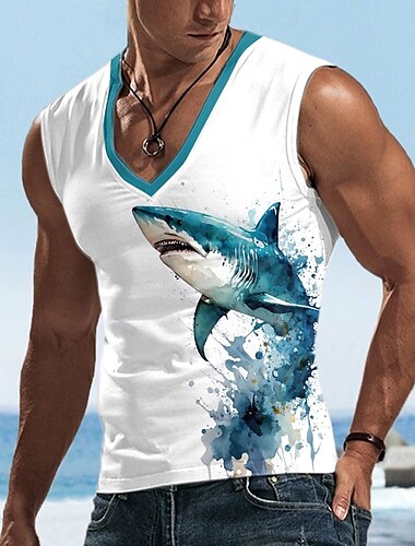  Men's Shark T Shirt Sleeveless T shirt 3D Print V Neck Shirt Tropical Outdoor Vacation Hawaiian White 1 White White 2 Summer Spring Clothing Apparel S M L XL XXL XXXL