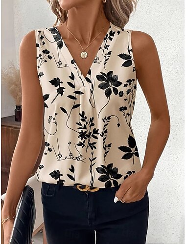  Γυναικεία Καμισόλ Tank Top Φλοράλ Καθημερινά Μοντέρνα Αμάνικο Λαιμόκοψη V Κανονικά μπλουζάκια Καθημερινά Αργίες Στάμπα Χακί Καλοκαίρι